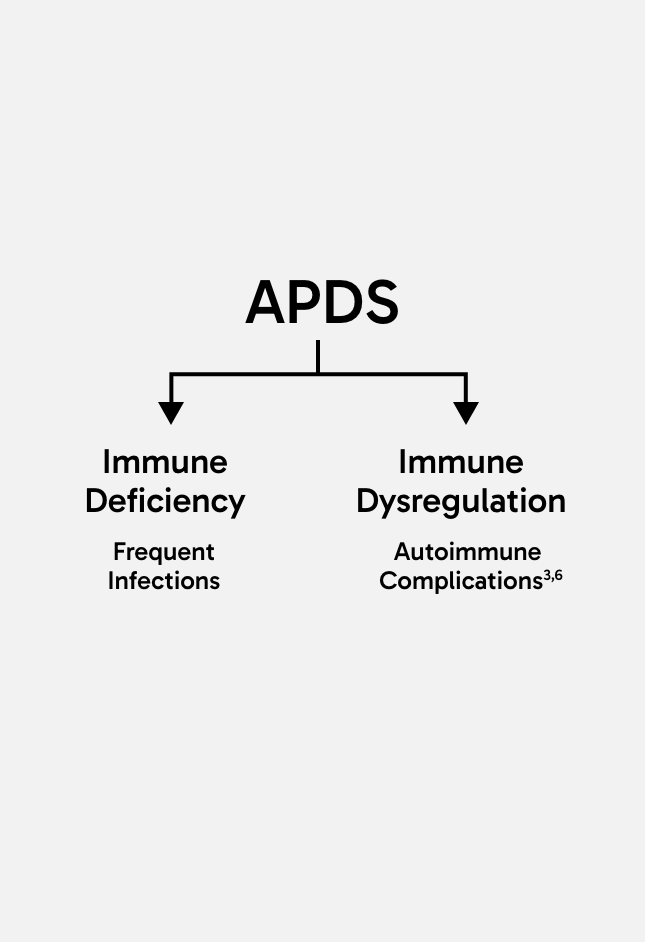 Simple line hierarchy diagram with the term APDS at the top and the line splits to show it leads to both immune deficiency which leads to frequent infections and immune dysregulation which leads to autoimmune complications.